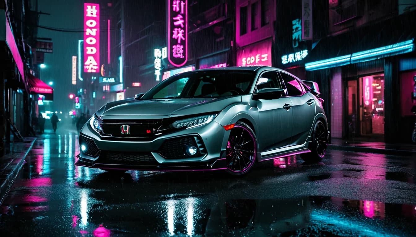 Honda Civic estilo Sonic Grey en una calle cyberpunk con neón cian y magenta, ambiente Need for Speed — imagen de cabecera de Esteban Auto Detailer