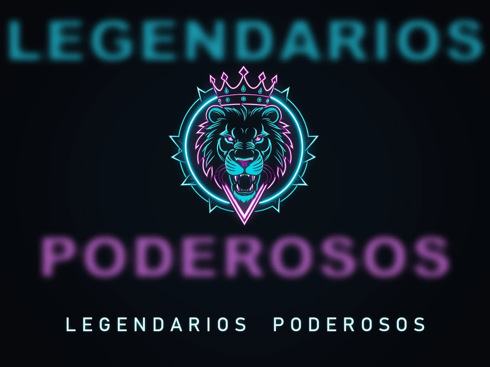 Logo de Legendarios Poderosos: emblema de un león coronado en neón cian y magenta, con el nombre difuminado de fondo